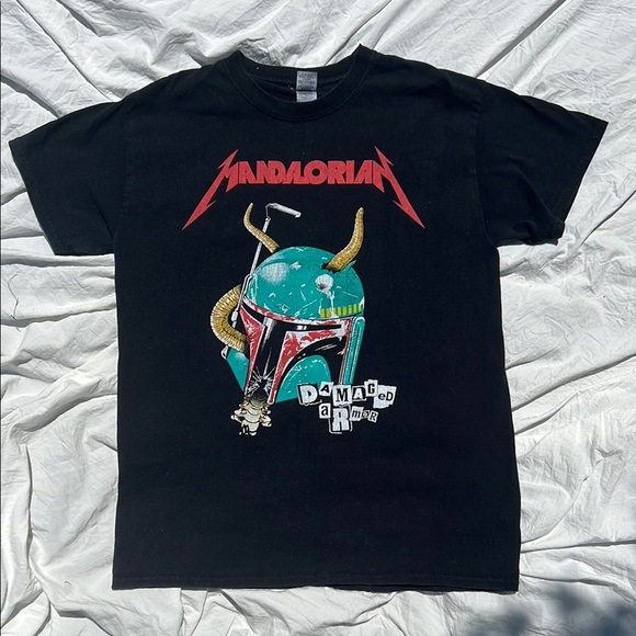 Black Mandalorian Damaged Inc Graphic T-Shirt - Picture 1 of 4
